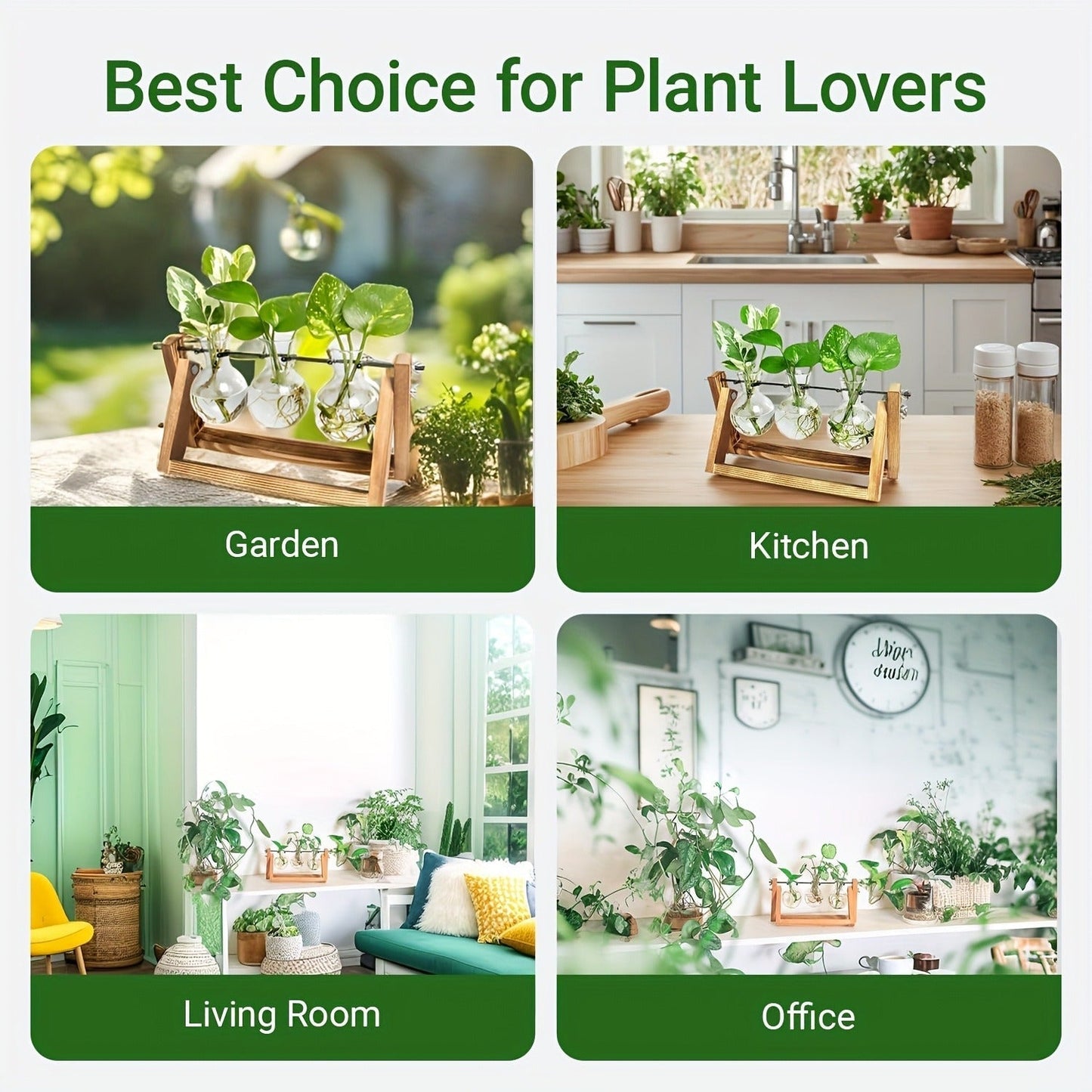 Propagation Station 3 Bulb Glass Vase with Wooden Stand – Hydroponic Plant Terrarium for Home Office Desk Decor