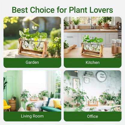 Propagation Station 3 Bulb Glass Vase with Wooden Stand – Hydroponic Plant Terrarium for Home Office Desk Decor