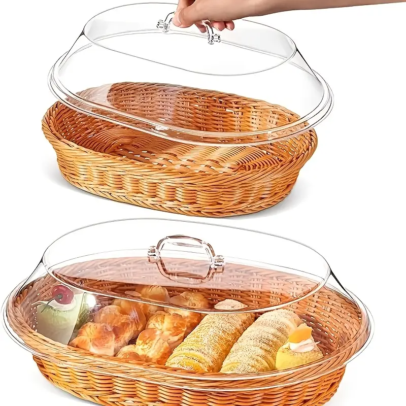 Wicker Bread Basket with Clear Acrylic Lid Rattan Storage Basket Washable Food Tray for Bread Fruit Desserts Kitchen Picnic Home Display