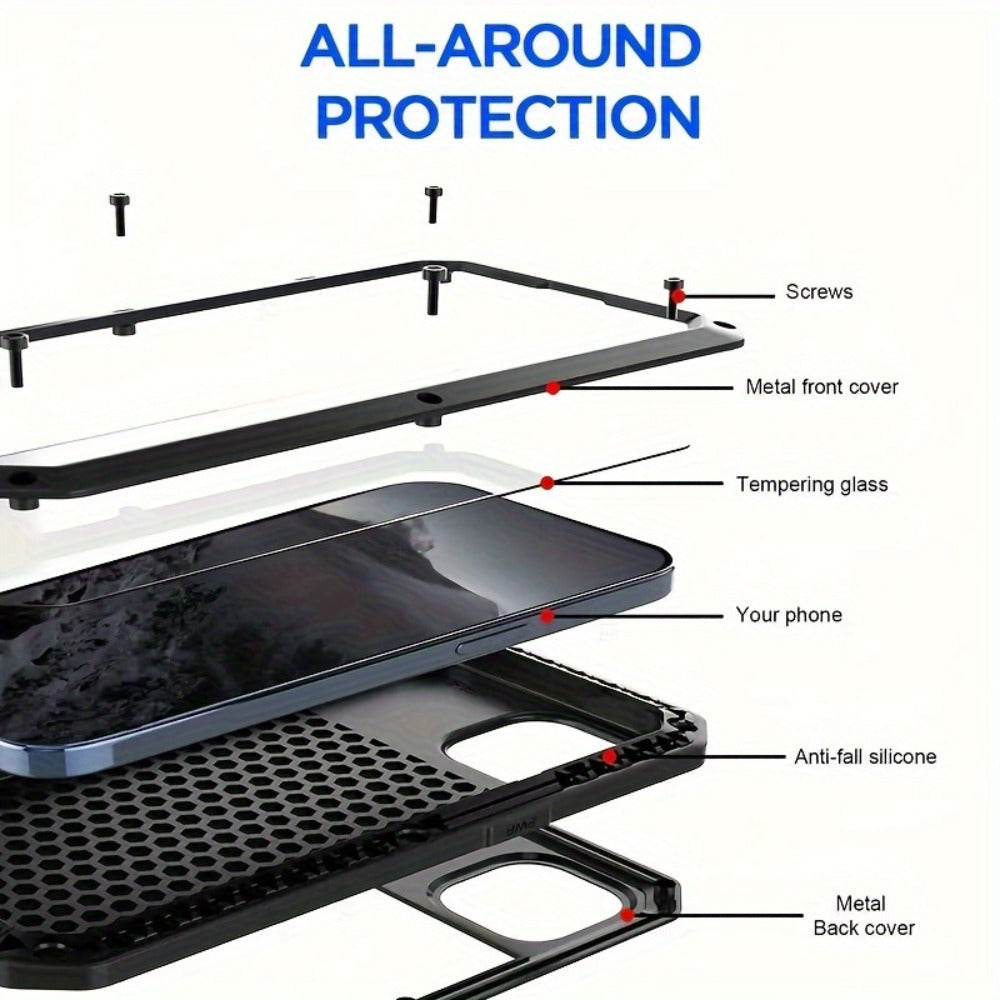 Heavy Duty iPhone Case Metal Frame Built-in Glass Screen Protector Dustproof Shockproof Full Body for iPhone 16 Pro 16 Plus 16 15 Pro Max 15