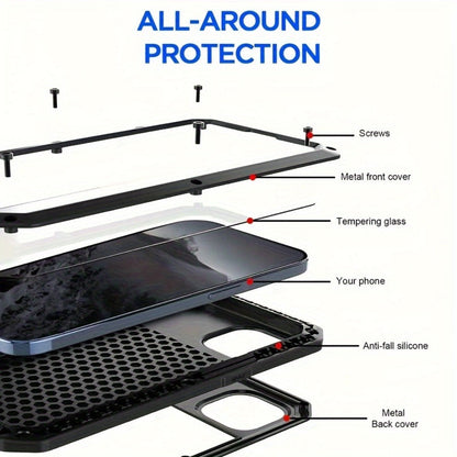 Heavy Duty iPhone Case Metal Frame Built-in Glass Screen Protector Dustproof Shockproof Full Body for iPhone 16 Pro 16 Plus 16 15 Pro Max 15