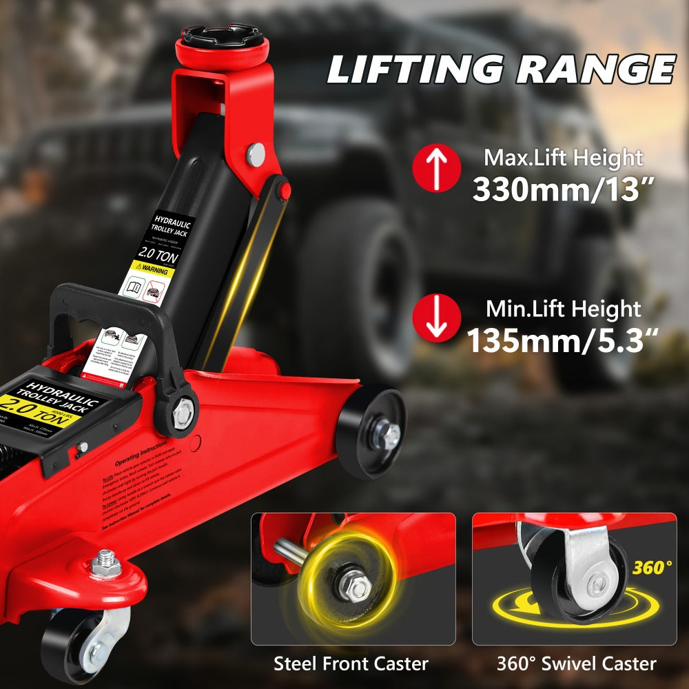 Hydraulic Floor Jack Kit 2/2.5/3 Ton Low Profile Trolley Jack with Jack Stands, Tire Repair Kit, Wheel Wrench & Wheel Chock Combo – Red/Blue