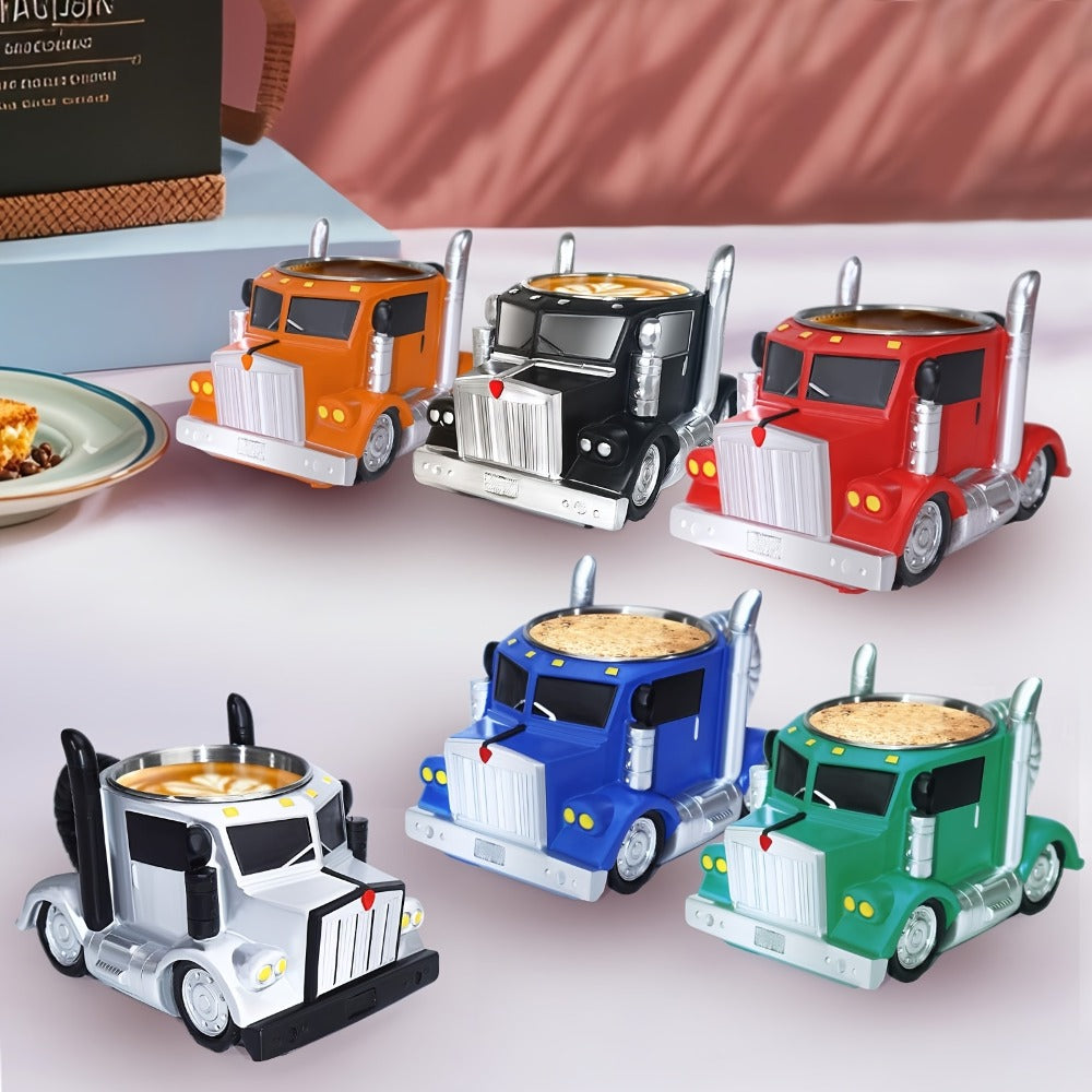 Semi-Truck-Shaped Coffee Mug with Metal-Look Interior and Trim in Blue or Black Color Options