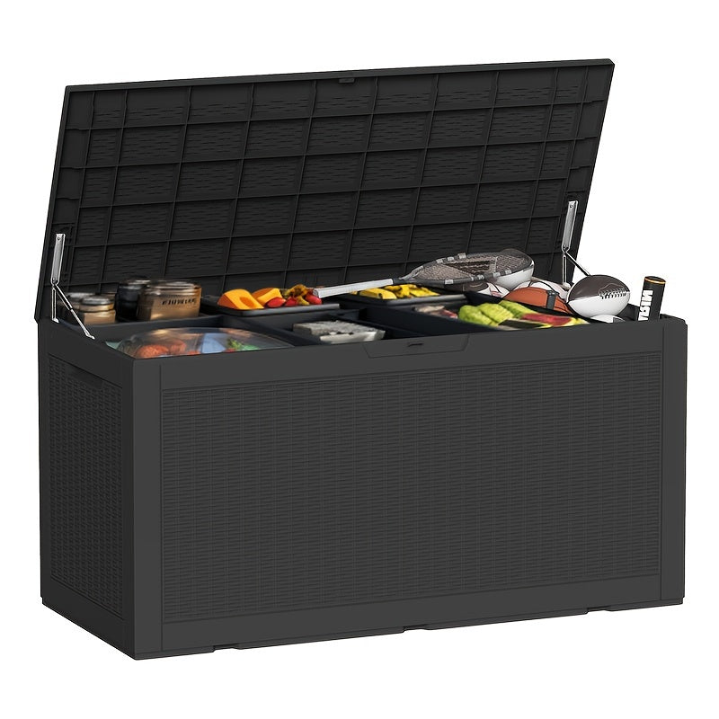 100-Gallon Rattan-Style Outdoor Deck Box with Lockable Lid, Lift Supports and Black Finish