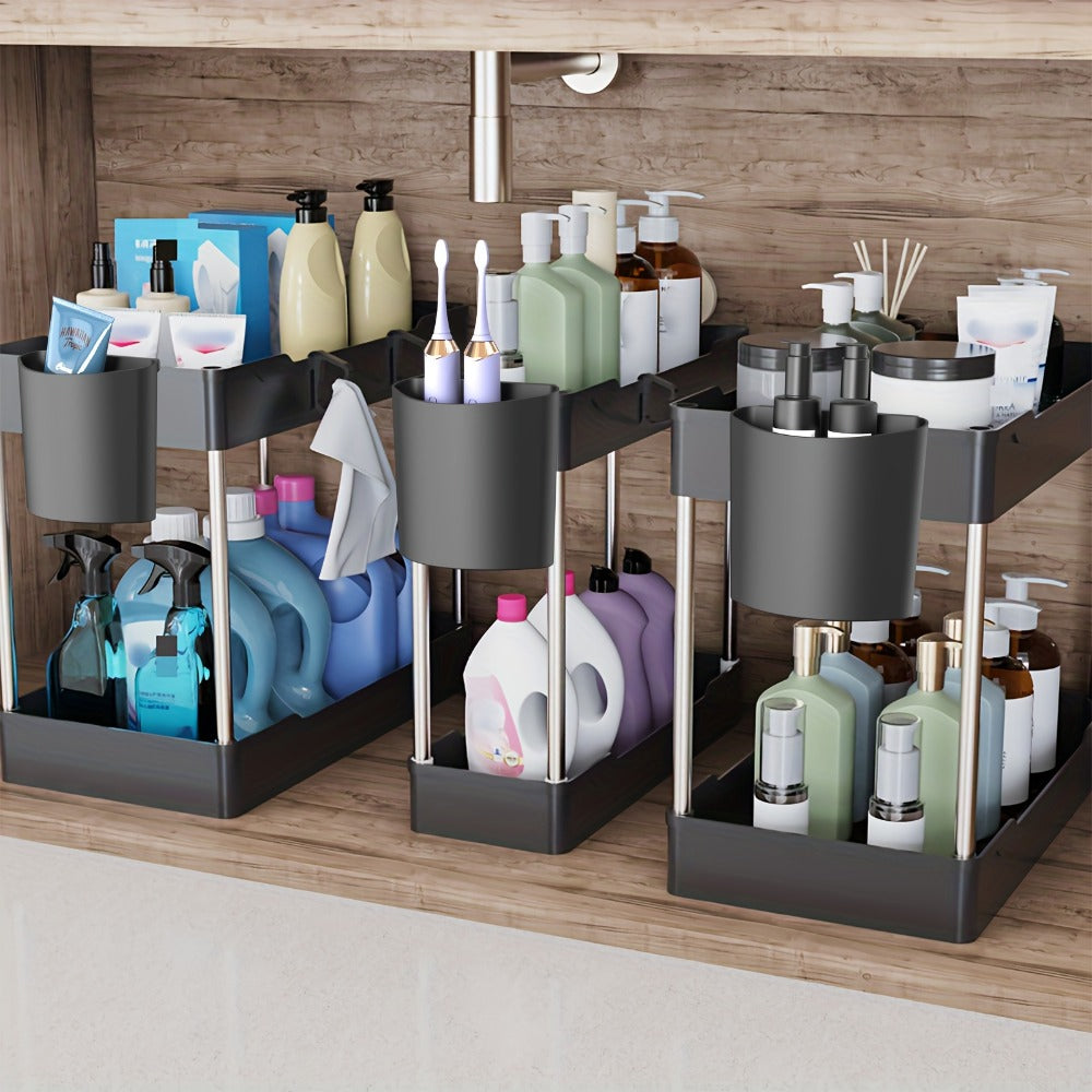 Three-Pack Under-Sink Storage Organizer Set with Two-Tier Racks in Graduated Sizes and Black or White Finish
