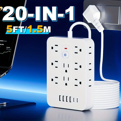 Compact Flat Plug Power Strip 20-in-1, 14 AC Outlets & 6 USB Ports (4 USB-A + 2 USB-C), Lightning Surge Protection