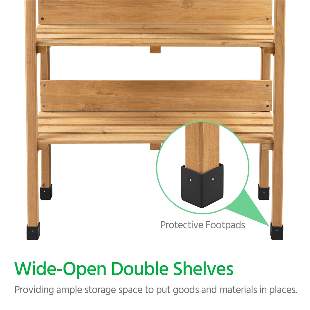 Rolling Potting Bench 3-Tier Wooden Garden Workstation Waist-High Galvanized Metal Top Lockable Casters for Garden, Patio and Yard Use