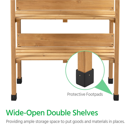 Rolling Potting Bench 3-Tier Wooden Garden Workstation Waist-High Galvanized Metal Top Lockable Casters for Garden, Patio and Yard Use