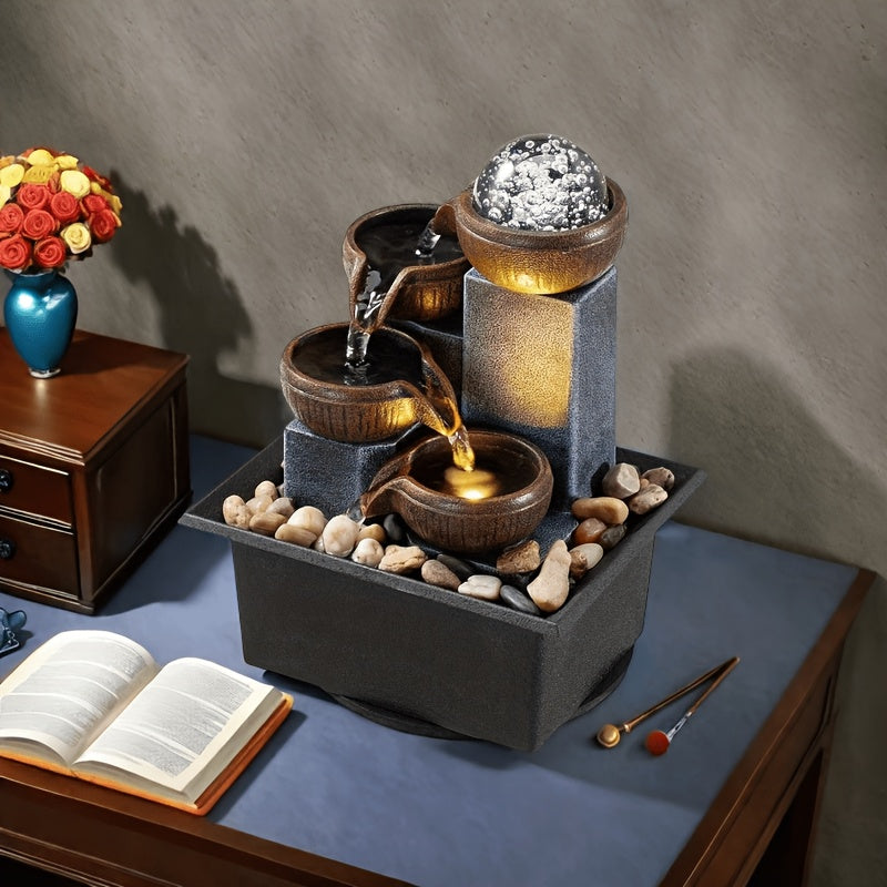 Tabletop Water Fountain Indoor, 4-Level Desktop Waterfall with LED Lights & Natural River Stones