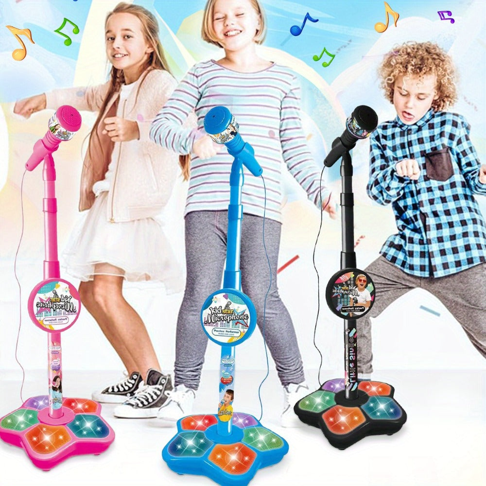 Kids Karaoke Microphone with Stand & Amplifier, Singing Toy for Girls Boys Age 3+, Random Print Design