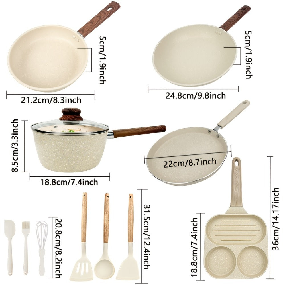 Cookware Set ABKOK 7-, 12- or 15-Piece Beige Pots and Pans with Lids, Steamer and Utensils