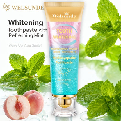100g Mint Peach Toothpaste Tube with Niacinamide and Hydroxyapatite Highlighted on Box and Label
