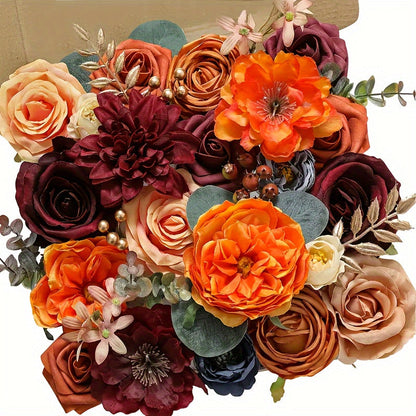 Artificial Flowers Foam Rose Bouquet with Orange, Wine Red and Blue Blooms plus Flexible Metal Stem