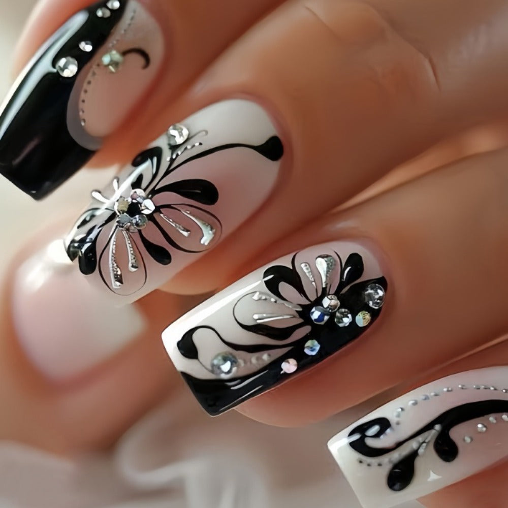 Press On Nails 48-Piece Medium Square Black and White Matte French Tip Butterfly Full-Cover Set