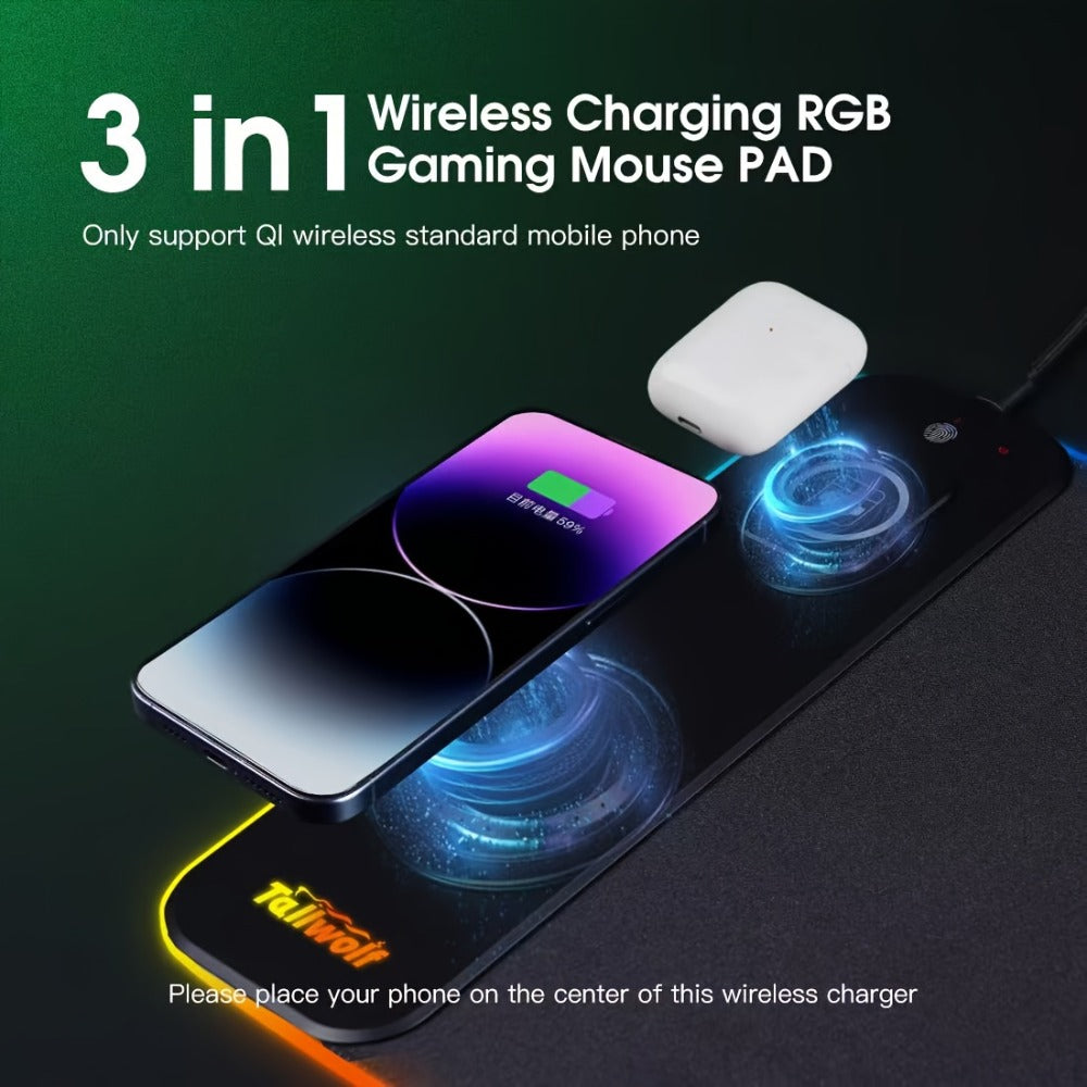 3-in-1 Wireless Charging Mouse Pad RGB, 15W Qi Charger for Phone, Watch & Mouse, 10 LED Modes, Magnetic Rechargeable Mouse Included