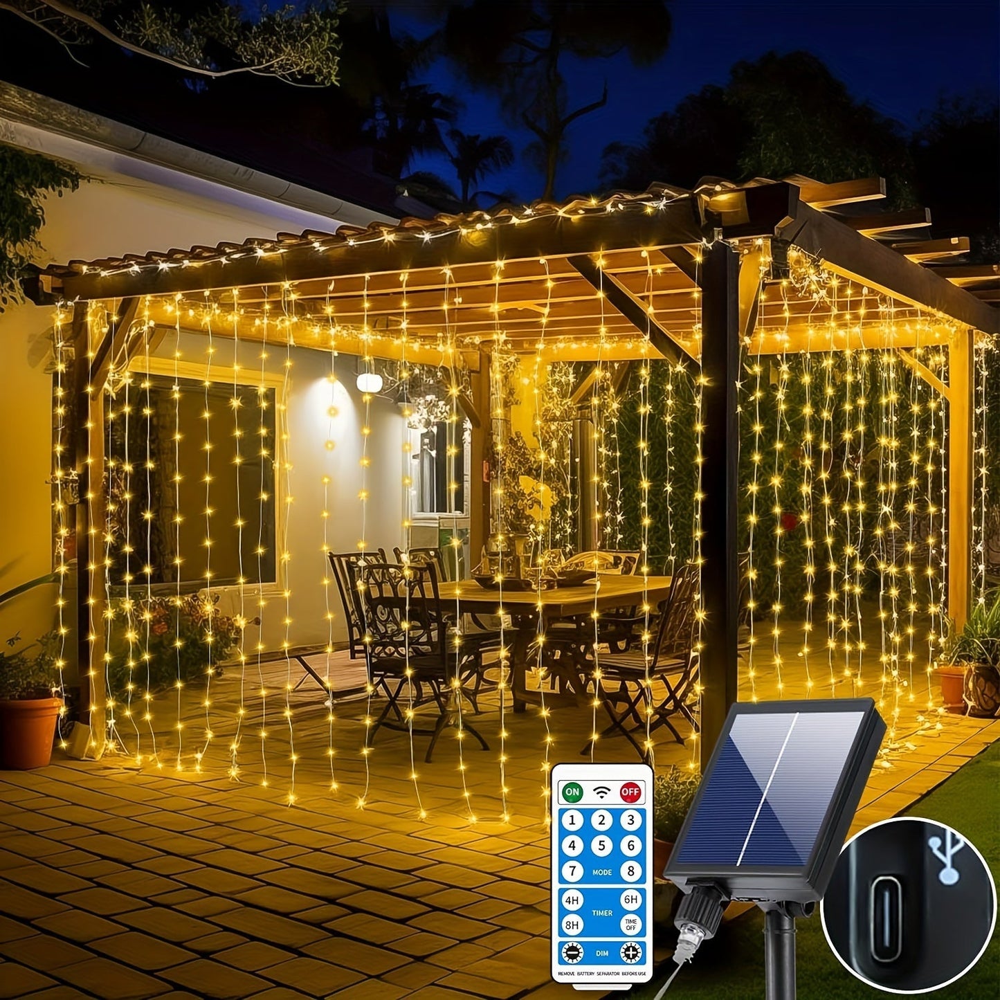 Solar Curtain Lights Outdoor 300 LED Waterfall Fairy String Lights with 8 Modes Remote for Entryways, Bedrooms and Living Spaces