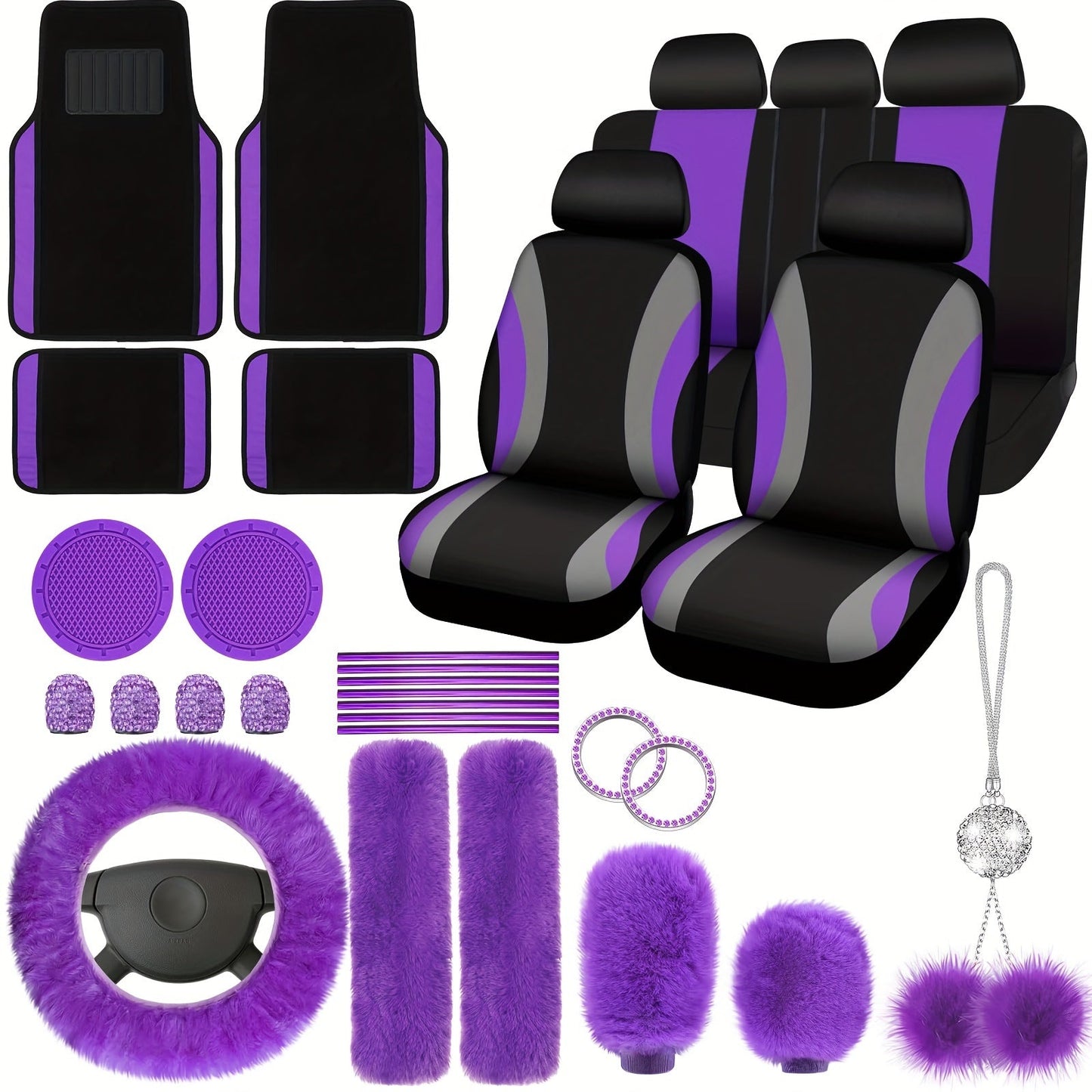 Car Seat Covers Fluffy Full-Cabin Accessory Set with Seat, Steering Wheel, Floor Mat and Belt Pieces