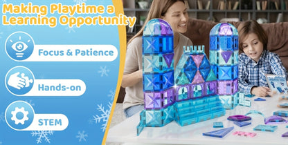 Castle Magnetic Tiles Building Set 102 or 116 Pcs, 3D STEM Sensory Blocks, Pretend Castle Playset for Preschool Boys & Girls Ages 3+