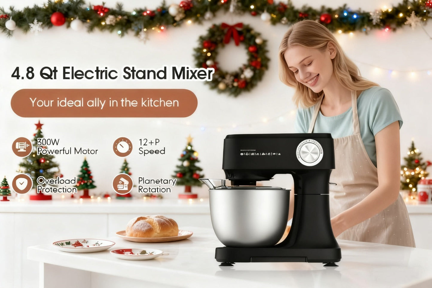 Electric Food Mixer 4.8 Qt 12-Speed Portable Stand Mixer for Daily Baking with Egg Whisk Dough Hook Flat Beater Kitchen Tilt-Head Mixer
