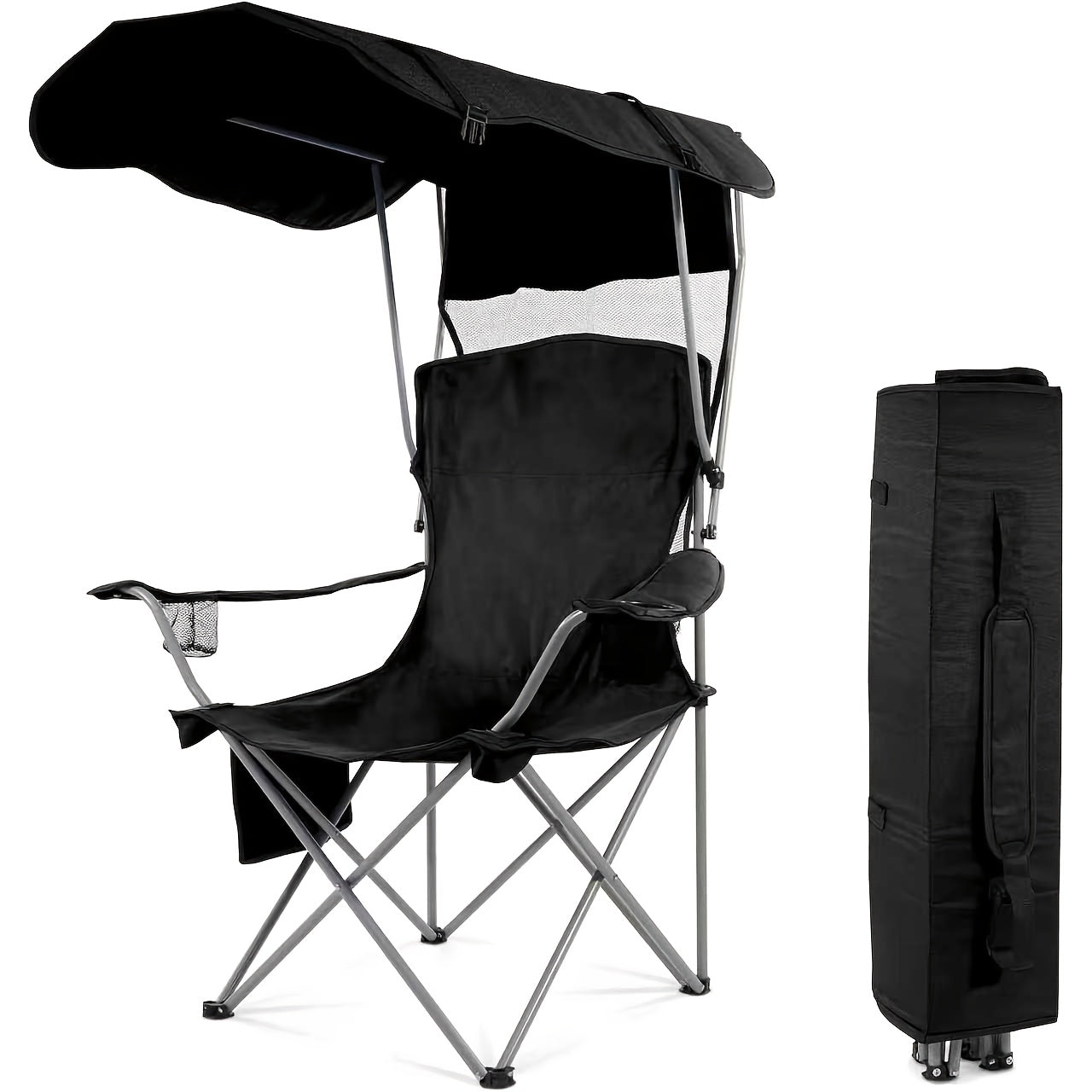 Folding Camping Chair with Optional Sunshade Canopy, Cup Holders, Carry Bag and Black, Red or Blue Configurations