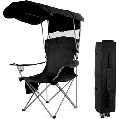 Folding Camping Chair with Optional Sunshade Canopy, Cup Holders, Carry Bag and Black, Red or Blue Configurations