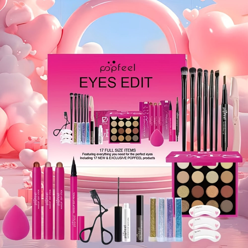 Makeup Gift Set POPFEEL 29-Color Eyeshadow Palette + Mascara + Eyeliner + Brow Pencil + Highlighter Powder + 7-Piece Brush Set | Complete