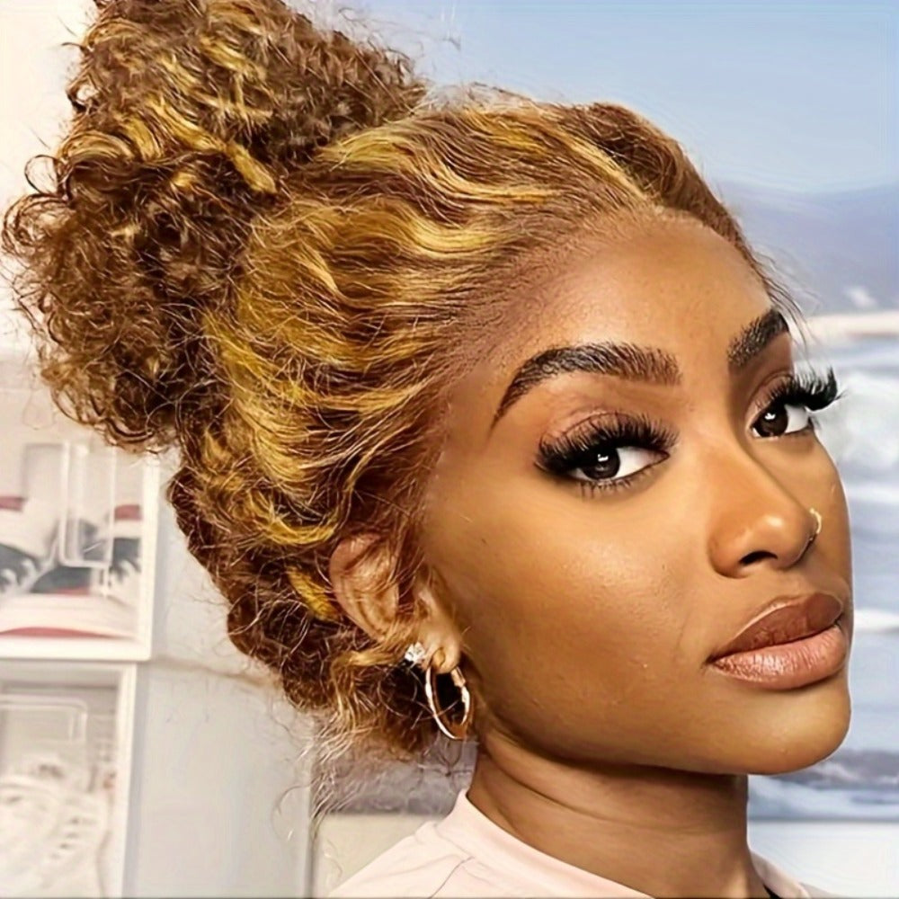 Wig Long Deep-Wave Honey Blonde Ombre, 28-Inch Synthetic Fiber with 13x4 Lace Front and Glueless Cap