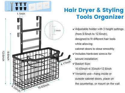 Hanging Hair Tool Organizer with Adjustable Mounting Height, Wire Basket and Black or White Finish