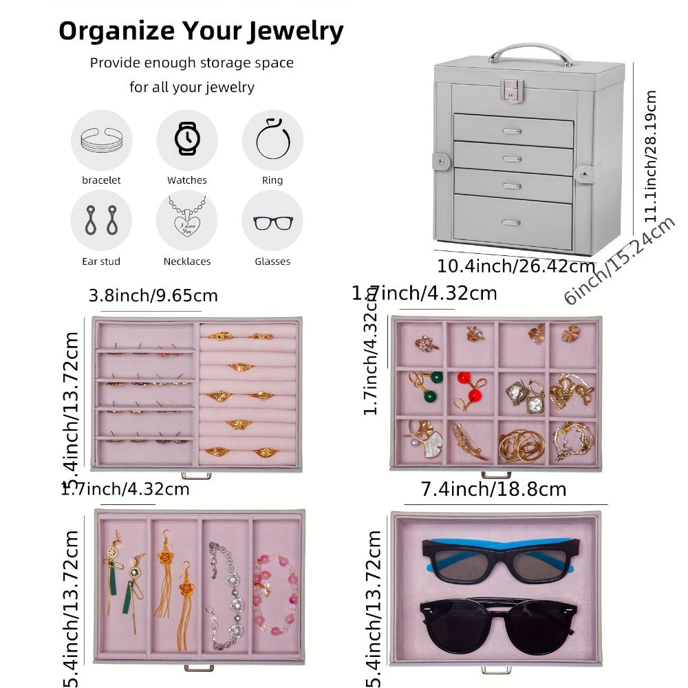 Jewelry Box, Five-Tier PU-Leather Organizer with Built-In Mirror, Key Lock and Three Color Options