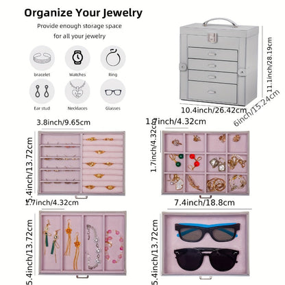 Jewelry Box, Five-Tier PU-Leather Organizer with Built-In Mirror, Key Lock and Three Color Options