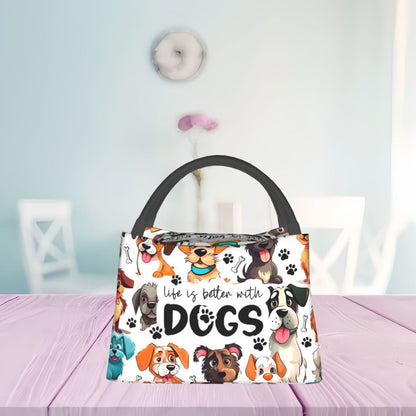 Dog-Print Lunch Tote with Black Handles in a 10.6 x 6.3 x 6.7-Inch Single Checkout and Zip Top
