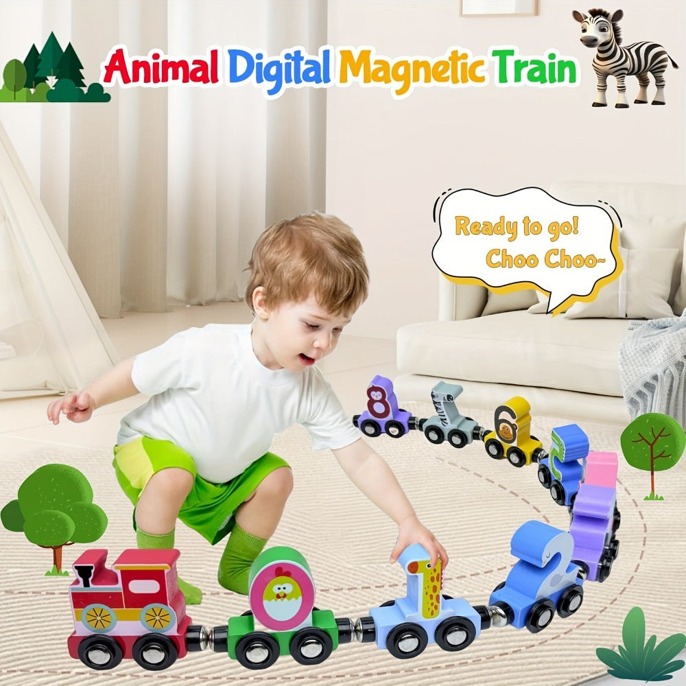 Magnetic Wooden Animal Train Set 12pcs with Storage Bag, Number & Animal Learning Toy for Toddlers Ages 1 2 3