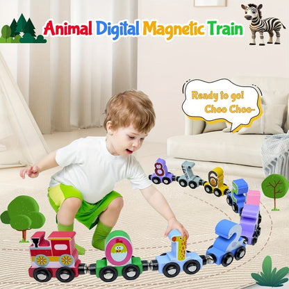 Magnetic Wooden Animal Train Set 12pcs with Storage Bag, Number & Animal Learning Toy for Toddlers Ages 1 2 3