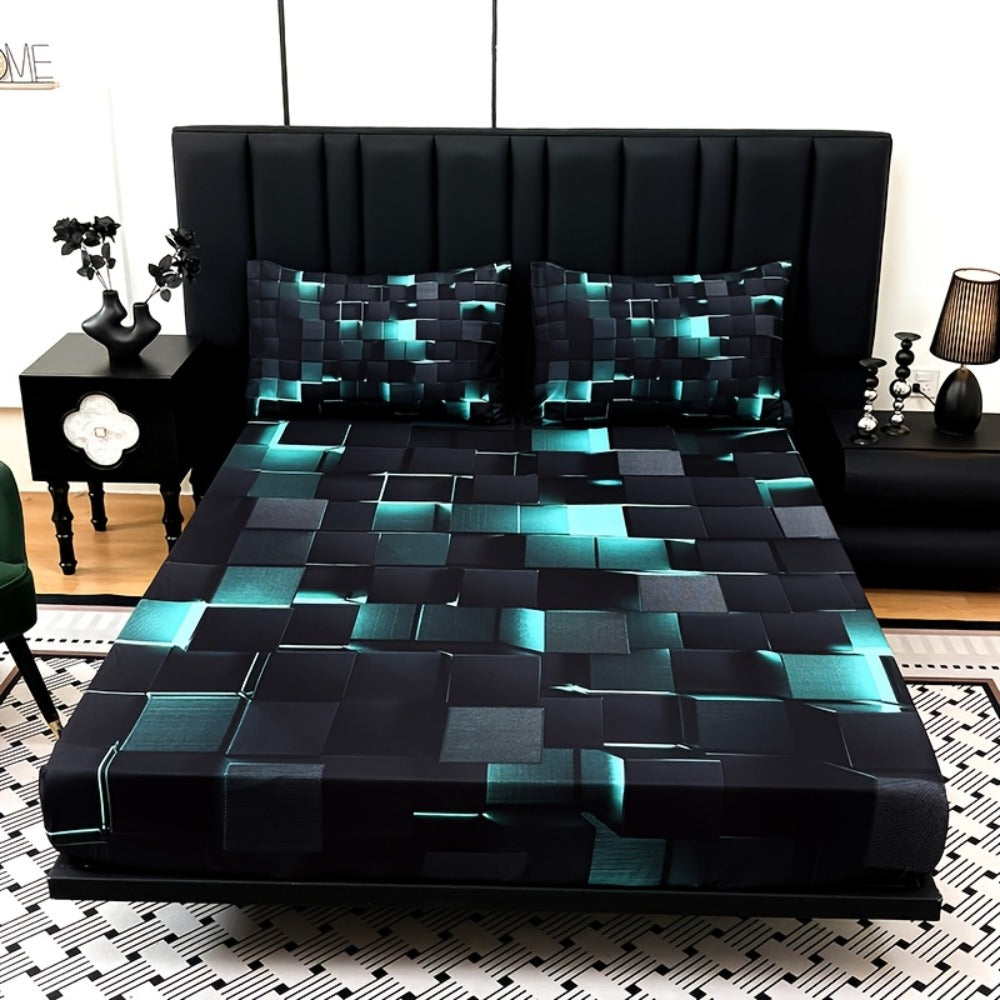 Fitted Sheet Set 3pcs Plaid Digital Print Deep Pocket 15" All Season Bed Sheet + 2 Pillowcases No Filling Twin Full Queen King
