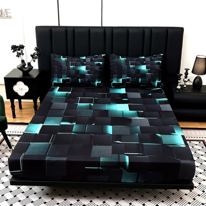 Fitted Sheet Set 3pcs Plaid Digital Print Deep Pocket 15" All Season Bed Sheet + 2 Pillowcases No Filling Twin Full Queen King