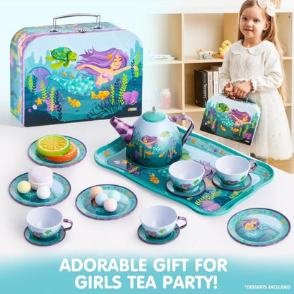 Mermaid Tea Party Set for Girls 21pcs, Tin Teapot, 4 Cups, Saucers, Plates & Carrying Case, Pretend Play Kitchen Toy for Toddlers