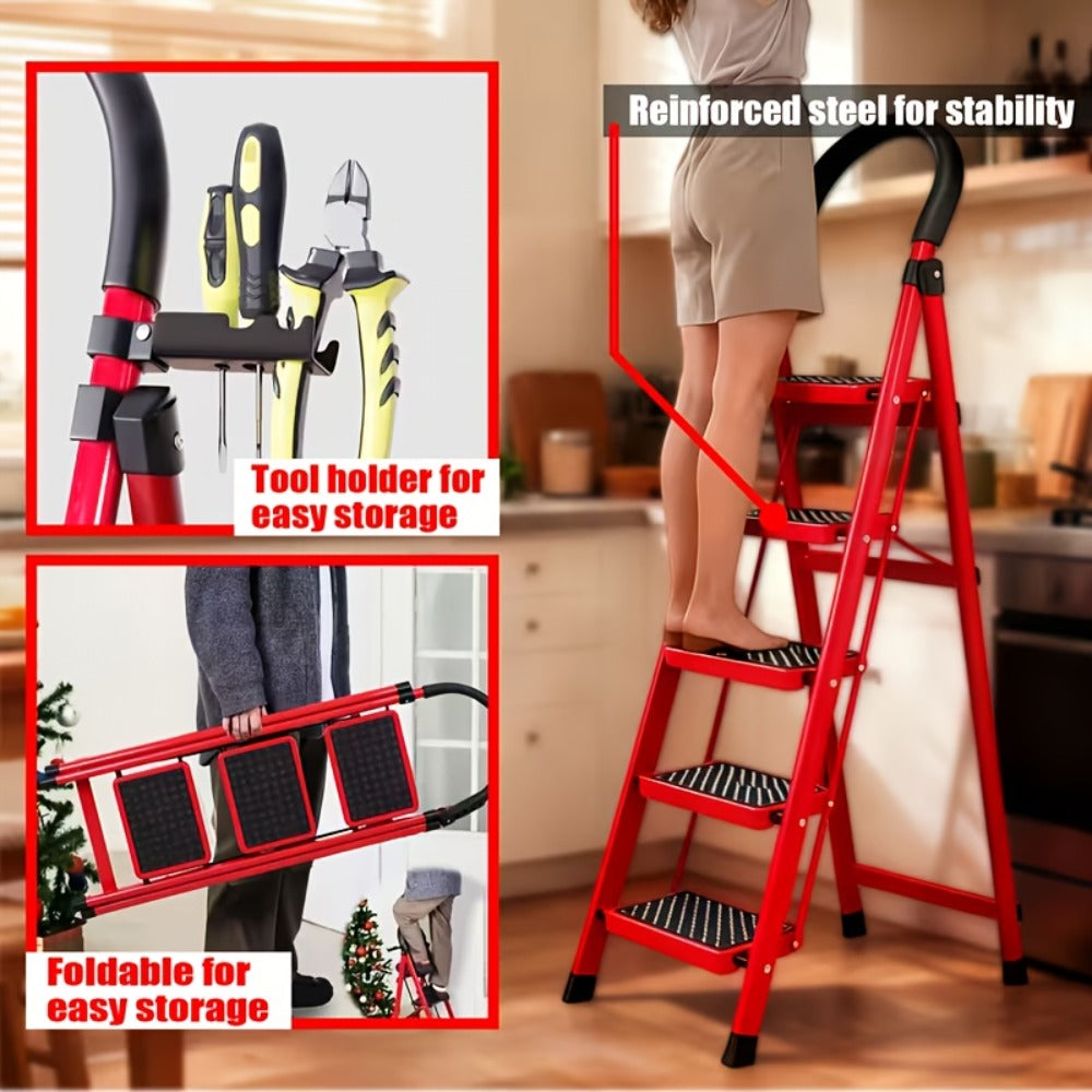 Folding Step Stool Ladder Steel with Anti-Slip Wide Treads & Handrails, Safety Lock, Portable Multi-Step Ladder for Home