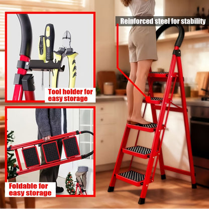 Folding Step Stool Ladder Steel with Anti-Slip Wide Treads & Handrails, Safety Lock, Portable Multi-Step Ladder for Home
