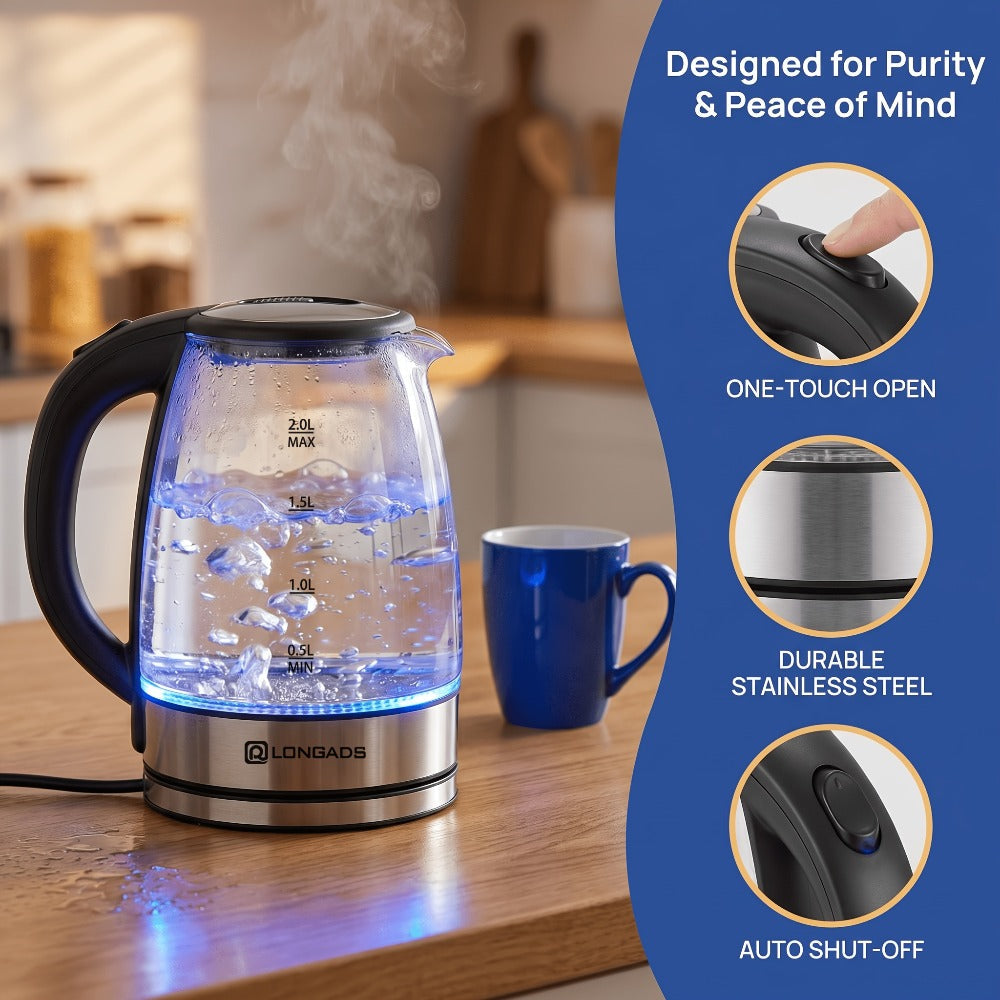 Electric Kettle by LONGADS, 2L 1000W Glass Body with Blue LED Indicator and Stainless Steel Heating Base