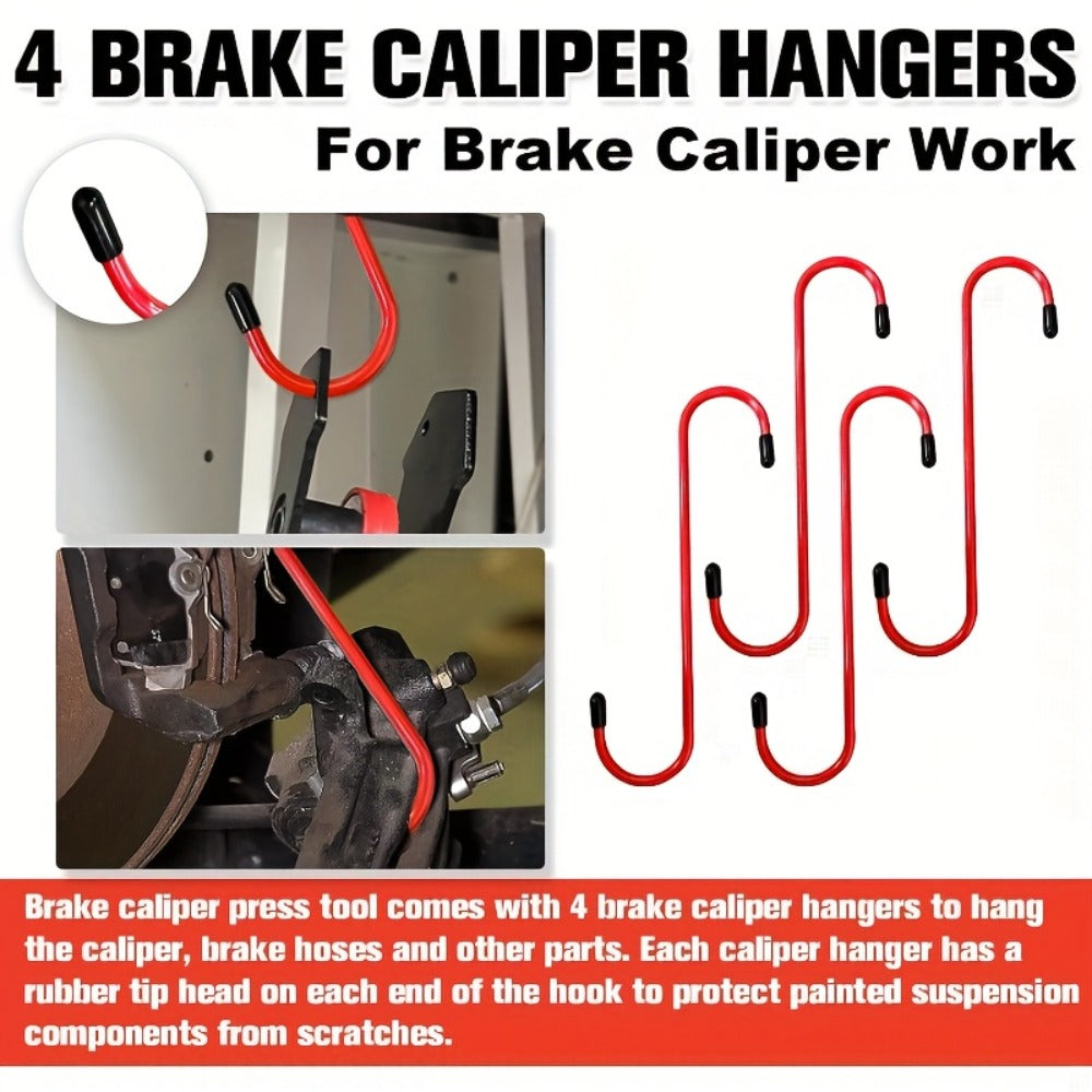 Red-Handle Brake Caliper Piston Press with Channel Plates and Two- or Five-Hook Bundles Pictured