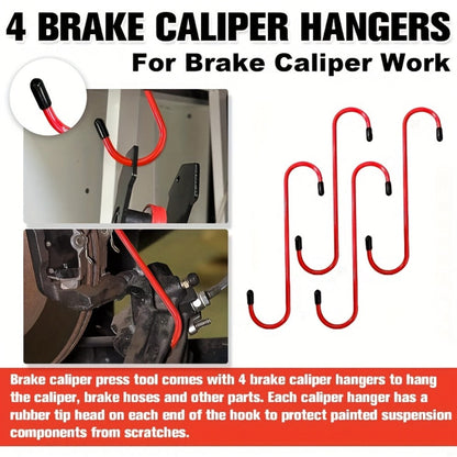 Red-Handle Brake Caliper Piston Press with Channel Plates and Two- or Five-Hook Bundles Pictured