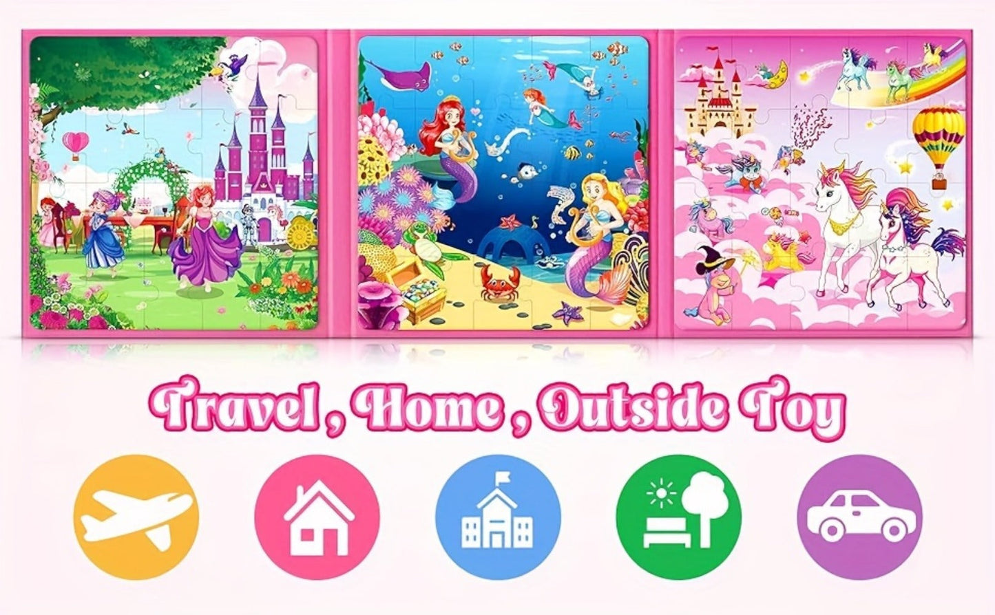 Magnetic Puzzle Book for Girls 3 4 5 6, 3-in-1 Unicorn Mermaid Princess Travel Puzzles, 20 Pieces Folding Magnetic Jigsaw for Toddlers