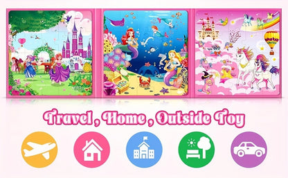 Magnetic Puzzle Book for Girls 3 4 5 6, 3-in-1 Unicorn Mermaid Princess Travel Puzzles, 20 Pieces Folding Magnetic Jigsaw for Toddlers