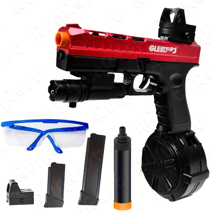 Compact Red-and-Black Electric Gel Blaster Set with Drum, Two Magazines, Sight, Goggles and USB Cable