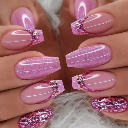 Press On Nails 120-Piece Medium Coffin Five-Pack Pinkish Purple Glitter Sequin Glossy Full-Cover Set