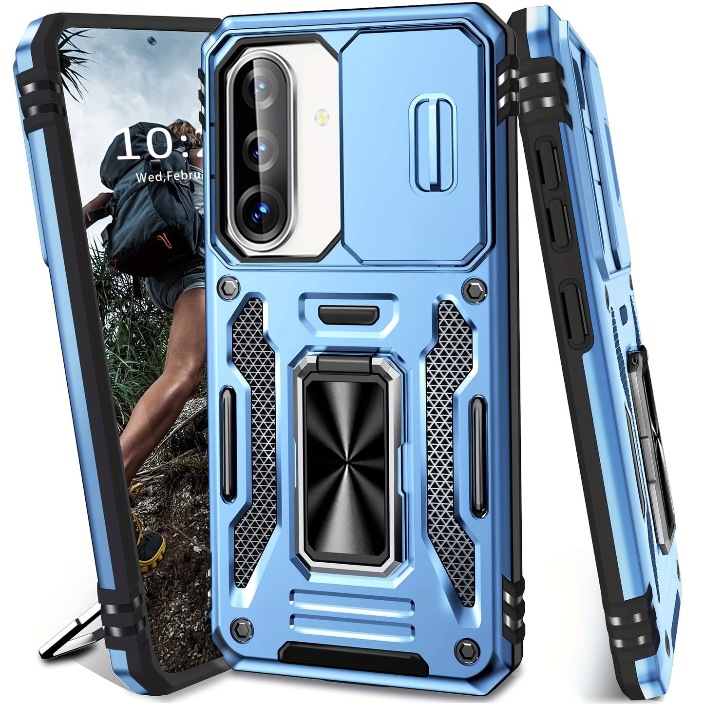 Samsung Galaxy Shockproof Magnetic Phone Case with 360° Rotating Ring Bracket & Sliding Lens Protector – Heavy Duty Cover for S24FE S23FE