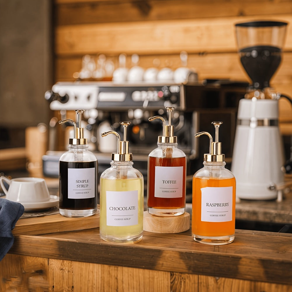 Glass Syrup Dispenser with Pump 4 Pack 16.9oz 500ml Coffee Bar Accessories Set with Silicone Funnel