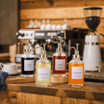 Glass Syrup Dispenser with Pump 4 Pack 16.9oz 500ml Coffee Bar Accessories Set with Silicone Funnel