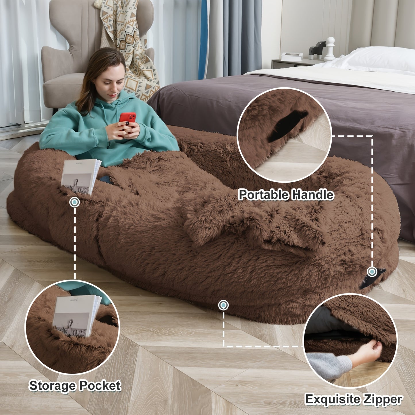 Human Dog Bed Extra Large – 70x44x11 Inch Washable Faux Fur Orthopedic Dog Bed for People & Pets, Non-Slip Giant Dog Bed with Removable