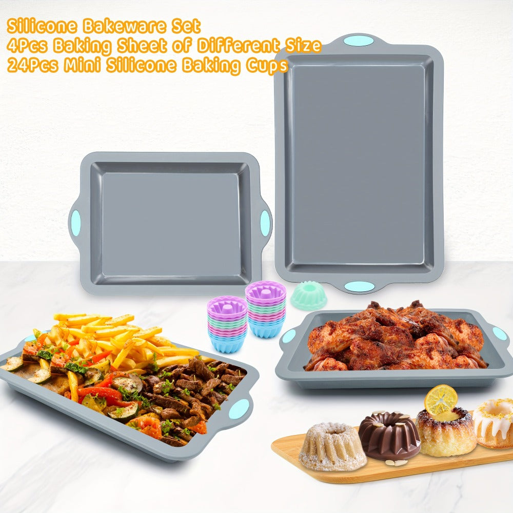 Silicone Baking Pans Set 4-Piece, Nonstick Bakeware with Metal Reinforced Frame, Includes Baking Sheet